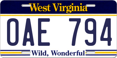 WV license plate OAE794