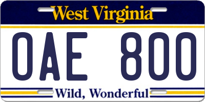 WV license plate OAE800