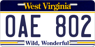 WV license plate OAE802
