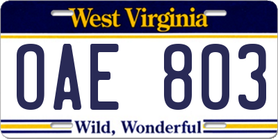 WV license plate OAE803