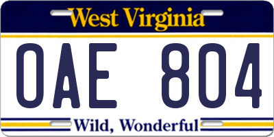 WV license plate OAE804
