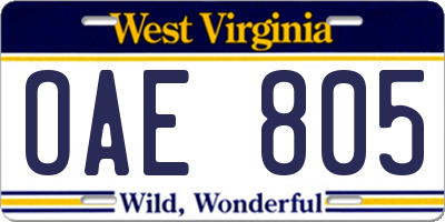 WV license plate OAE805