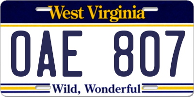 WV license plate OAE807