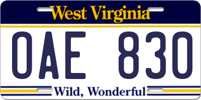 WV license plate OAE830