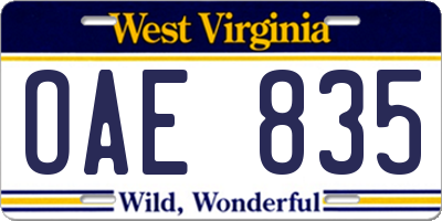 WV license plate OAE835