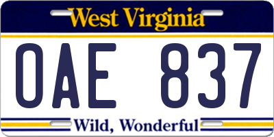 WV license plate OAE837