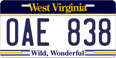 WV license plate OAE838