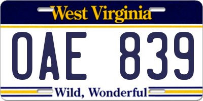 WV license plate OAE839