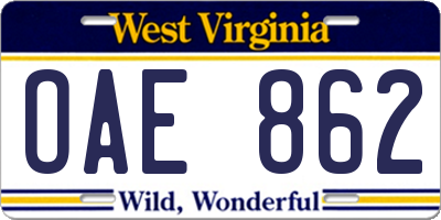 WV license plate OAE862