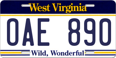 WV license plate OAE890