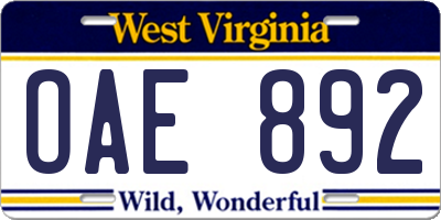 WV license plate OAE892