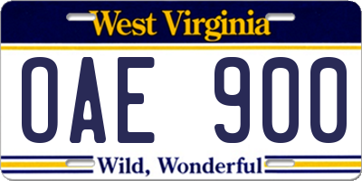 WV license plate OAE900
