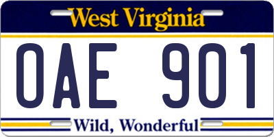 WV license plate OAE901