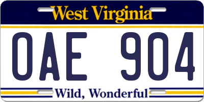 WV license plate OAE904