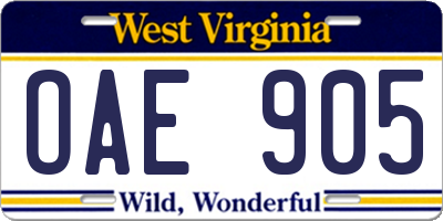 WV license plate OAE905