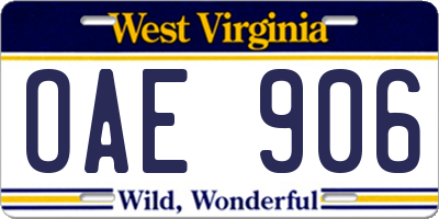 WV license plate OAE906