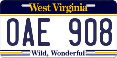 WV license plate OAE908