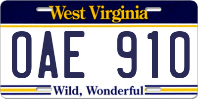 WV license plate OAE910