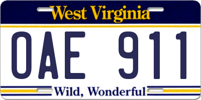 WV license plate OAE911