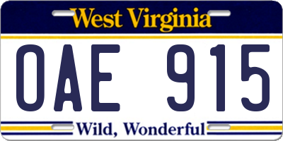 WV license plate OAE915