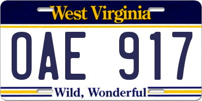 WV license plate OAE917