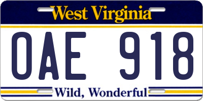 WV license plate OAE918