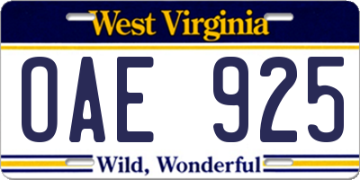 WV license plate OAE925