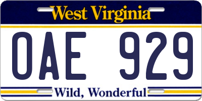 WV license plate OAE929