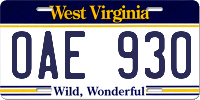 WV license plate OAE930