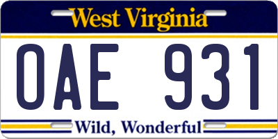 WV license plate OAE931