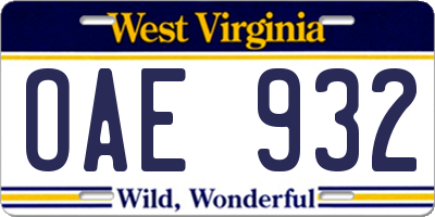 WV license plate OAE932
