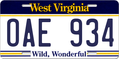 WV license plate OAE934