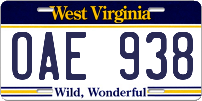 WV license plate OAE938