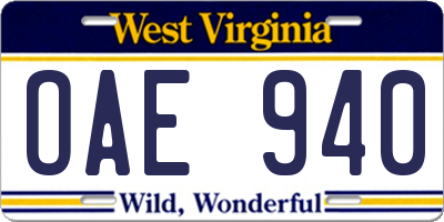WV license plate OAE940