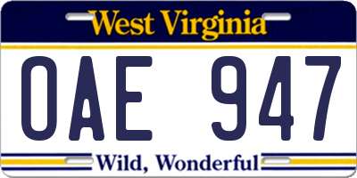WV license plate OAE947