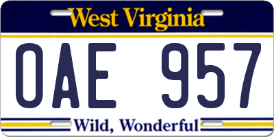 WV license plate OAE957