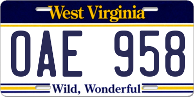 WV license plate OAE958
