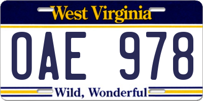 WV license plate OAE978