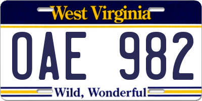 WV license plate OAE982