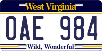 WV license plate OAE984