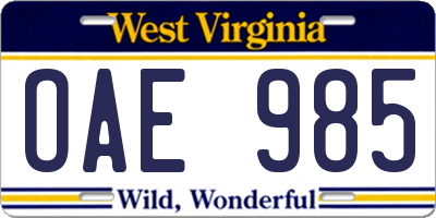WV license plate OAE985