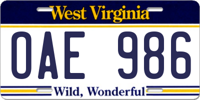 WV license plate OAE986