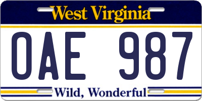 WV license plate OAE987