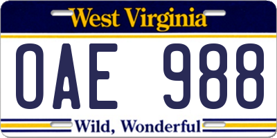 WV license plate OAE988
