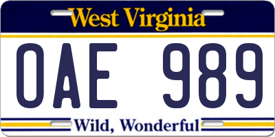 WV license plate OAE989