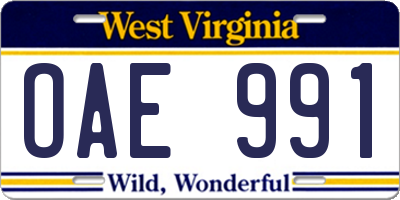 WV license plate OAE991