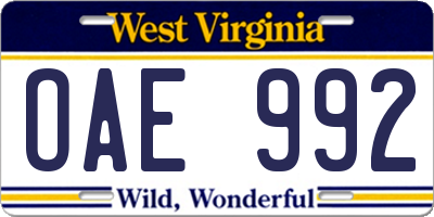 WV license plate OAE992
