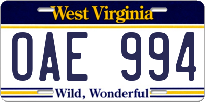 WV license plate OAE994
