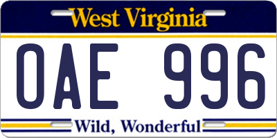 WV license plate OAE996
