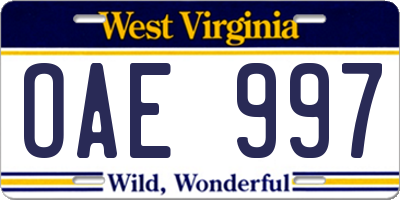 WV license plate OAE997